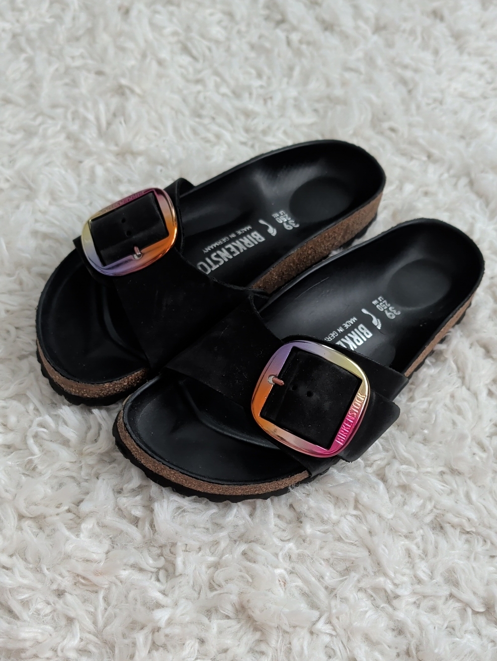 Birkenstock Madrid Women's Black Madrid Slide with Iridescent Big Buckle Accent